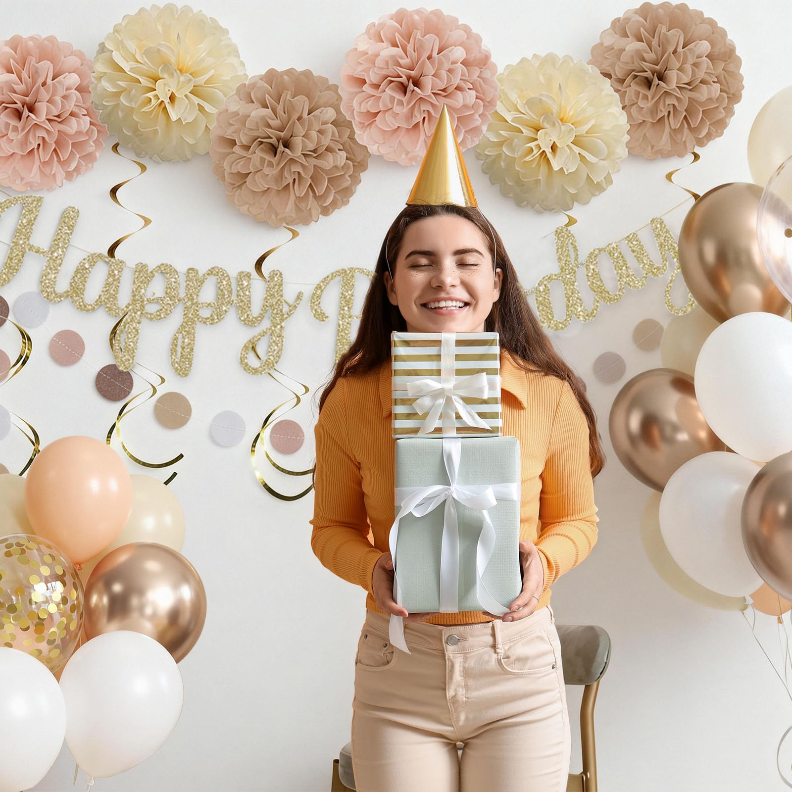 LOROBA Champagne Gold Birthday Decorations – Neutral Beige Party Kit with Banner, Balloons & Pompoms