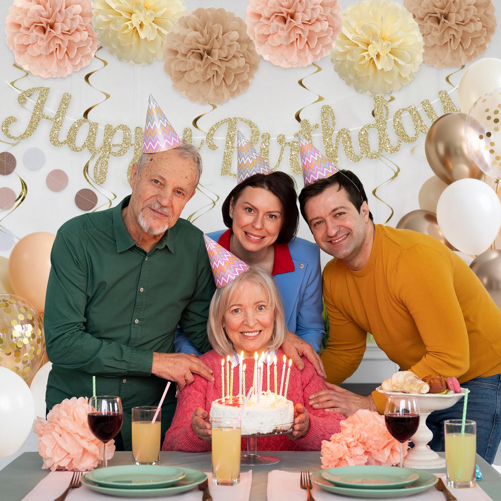 LOROBA Champagne Gold Birthday Decorations – Neutral Beige Party Kit with Banner, Balloons & Pompoms