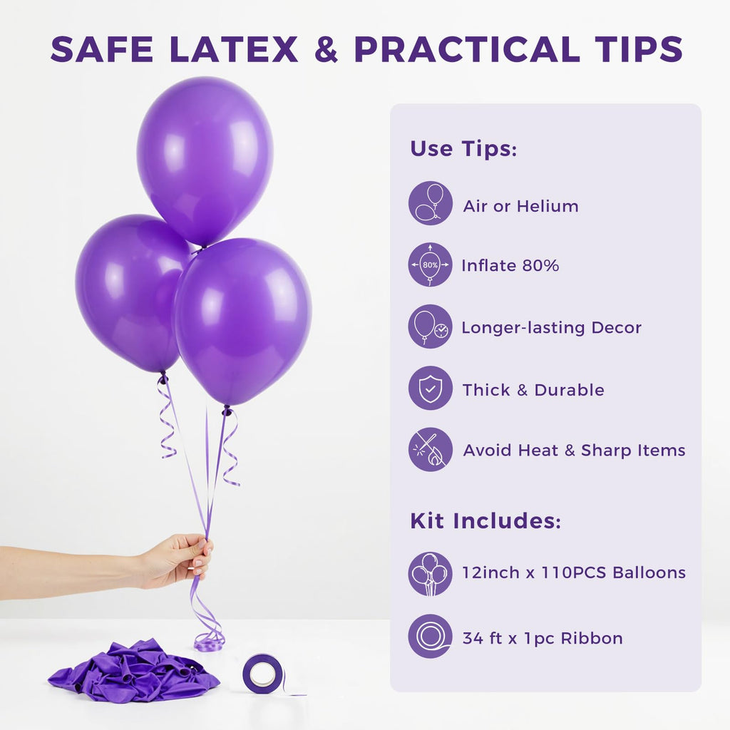 LovesTown 110PCS Purple Balloons – 12-Inch Latex Party Arch & Garland Set