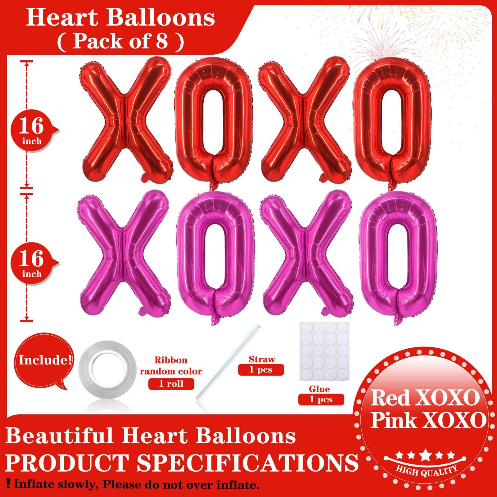 Lovoir 16-Inch Red XOXO Pink XOXO Balloons — 8 Pieces Valentine’s Day Letter Balloons