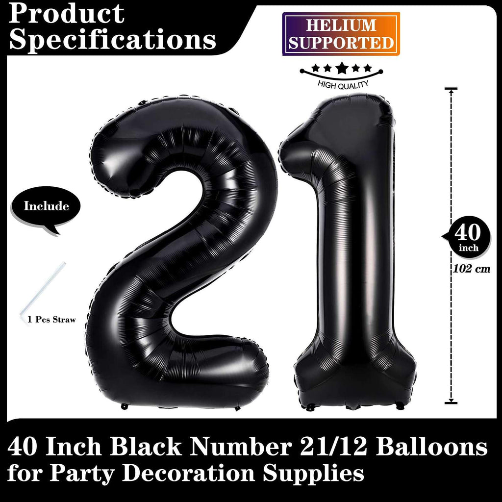 Lovoir Black 21 Number Balloons – 40-Inch Giant Foil Mylar 21st Birthday Party Decor