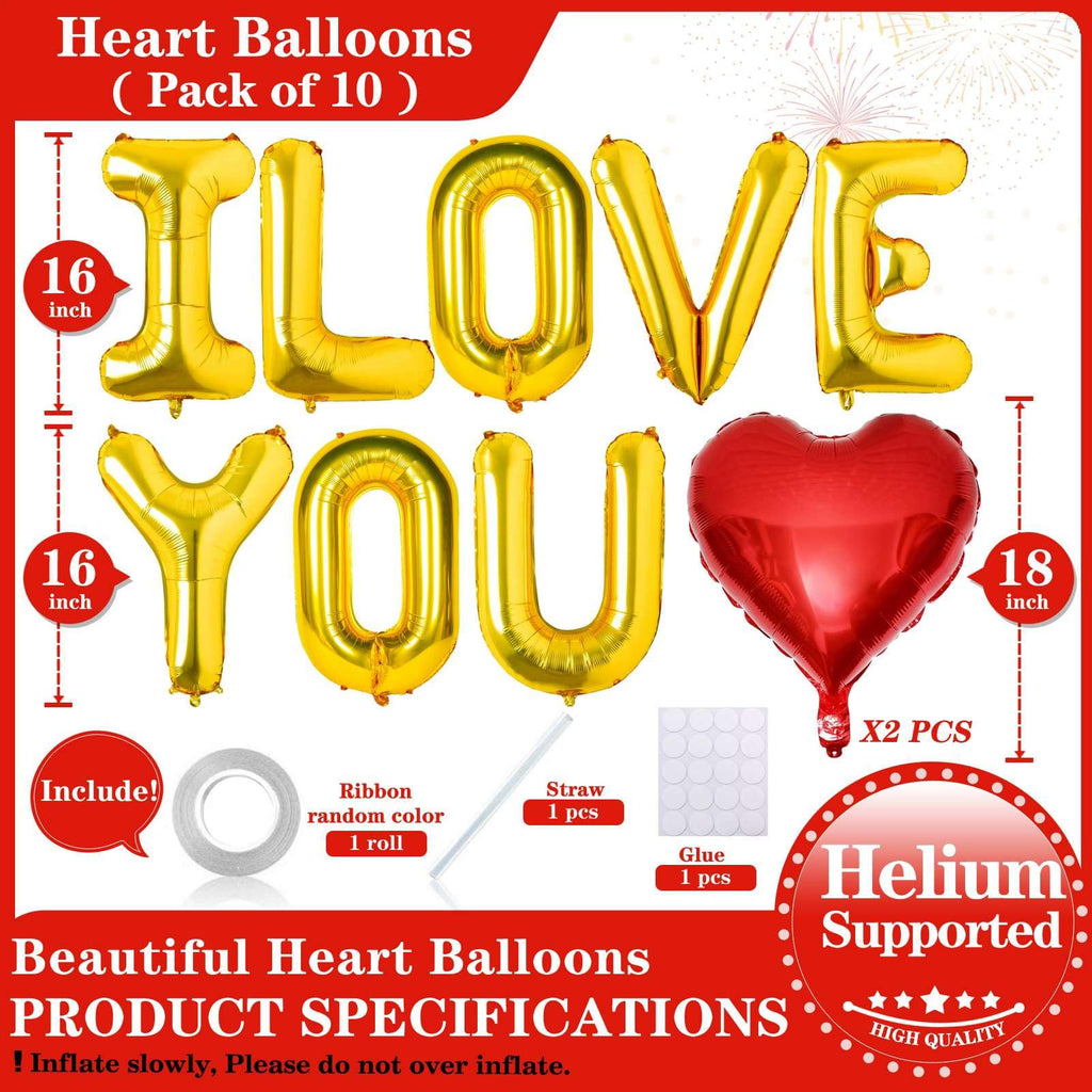 Lovoir 16-Inch Gold I LOVE YOU Balloons - 10 Pc Red Heart Letter Balloons for Valentine's Day & Weddings
