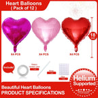 Lovoir 12 Pcs Red Heart Foil Mylar Balloons – 18in Valentine’s Day Romantic Decor (Red, Pearl Pink & Hot Pink)