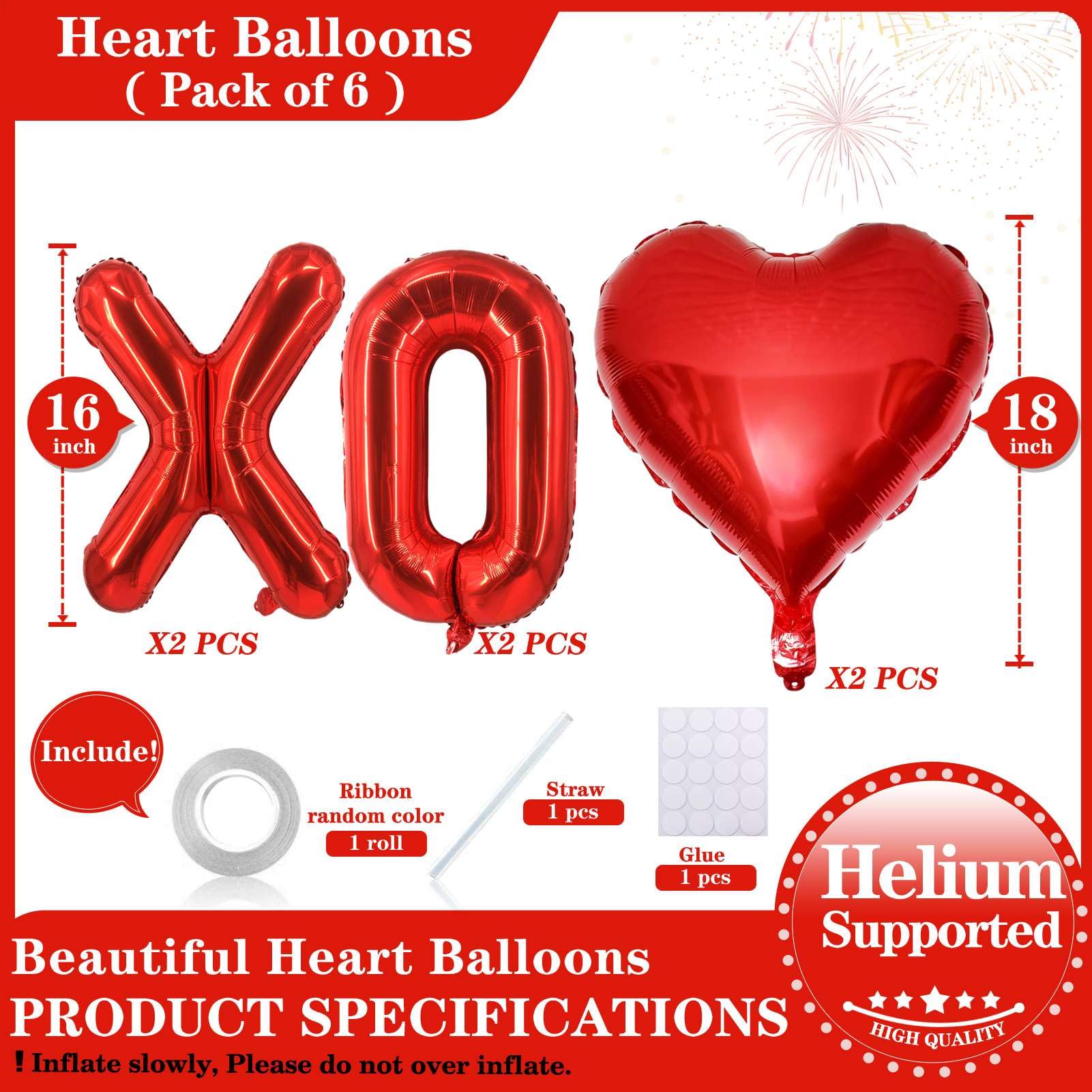 Lovoir 16-Inch Red XOXO Heart Balloons – 6 Pcs Valentine’s Day Decor