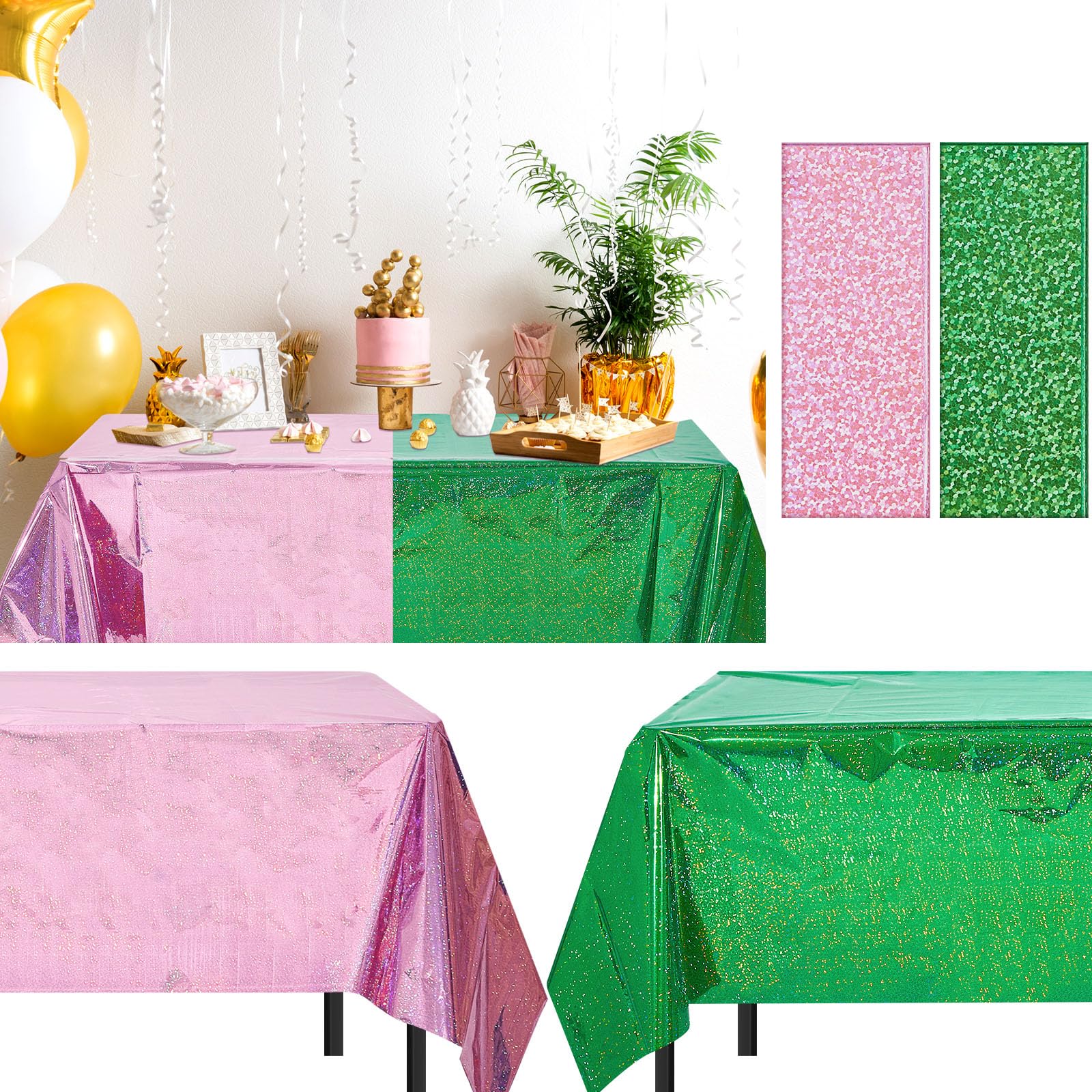 LOYIM 2 Pcs Witch Holographic Tablecloth – Pink & Green 54x108 in | Princess & Witch Theme