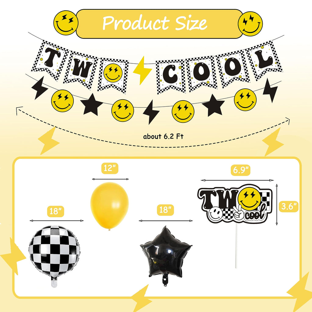 Lsaepon Two Cool Dude Birthday Decorations – 2nd Birthday Banner & Cake Topper, Yellow/Black Checkered Balloons