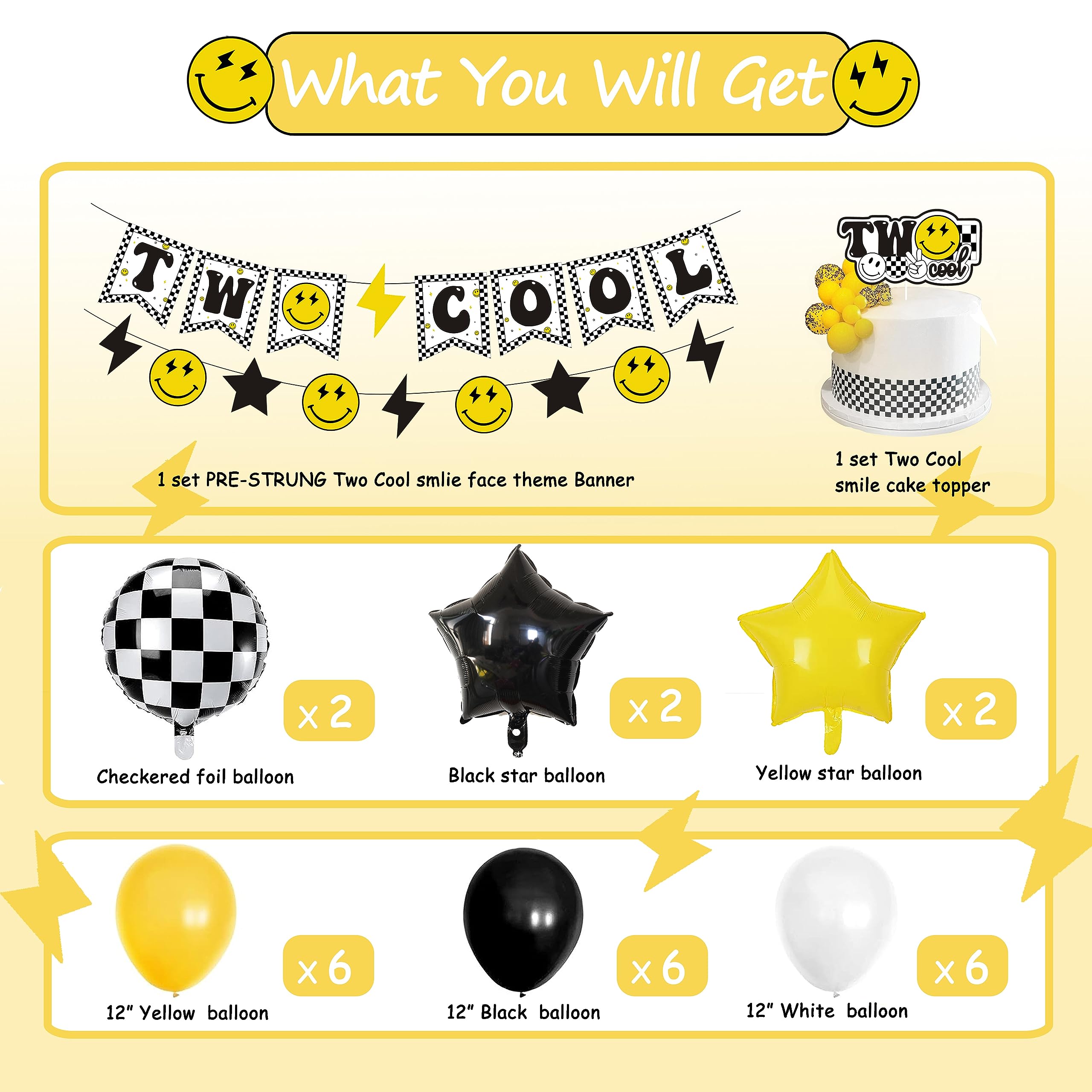 Lsaepon Two Cool Dude Birthday Decorations – 2nd Birthday Banner & Cake Topper, Yellow/Black Checkered Balloons