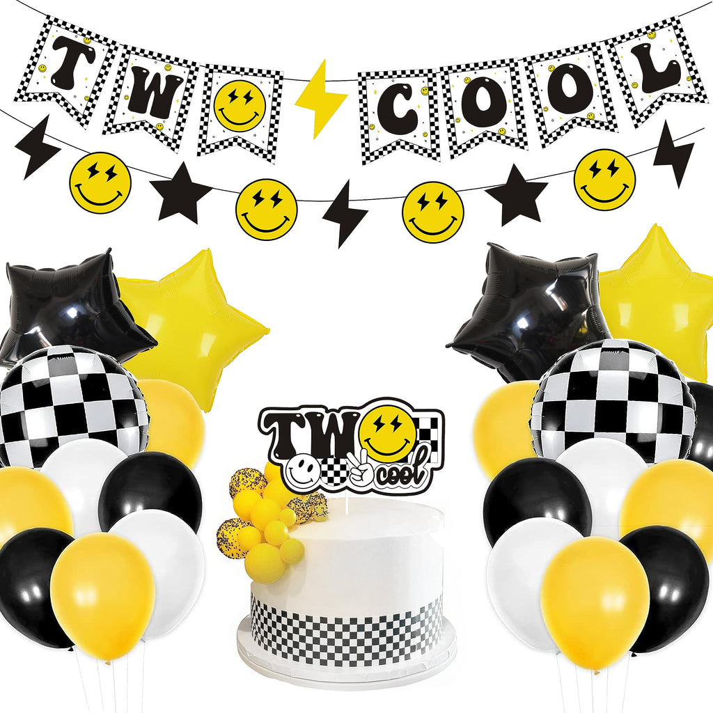 Lsaepon Two Cool Dude Birthday Decorations – 2nd Birthday Banner & Cake Topper, Yellow/Black Checkered Balloons