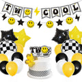 Lsaepon Two Cool Dude Birthday Decorations – 2nd Birthday Banner & Cake Topper, Yellow/Black Checkered Balloons
