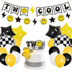 Lsaepon Two Cool Dude Birthday Decorations – 2nd Birthday Banner & Cake Topper, Yellow/Black Checkered Balloons