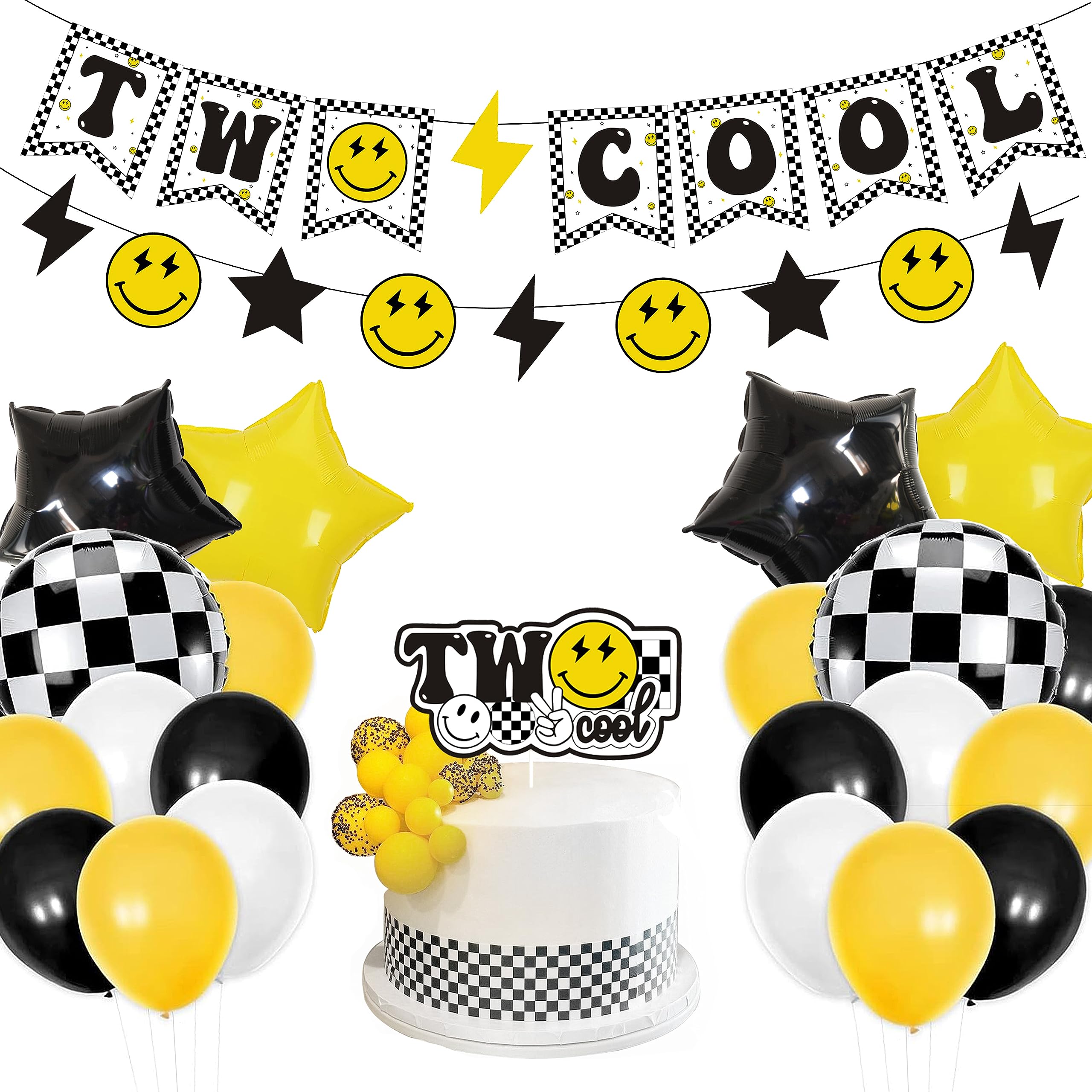 Lsaepon Two Cool Dude Birthday Decorations – 2nd Birthday Banner & Cake Topper, Yellow/Black Checkered Balloons