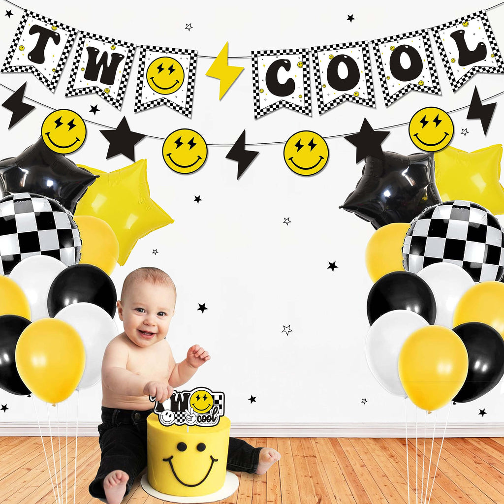 Lsaepon Two Cool Dude Birthday Decorations – 2nd Birthday Banner & Cake Topper, Yellow/Black Checkered Balloons