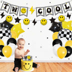 Lsaepon Two Cool Dude Birthday Decorations – 2nd Birthday Banner & Cake Topper, Yellow/Black Checkered Balloons