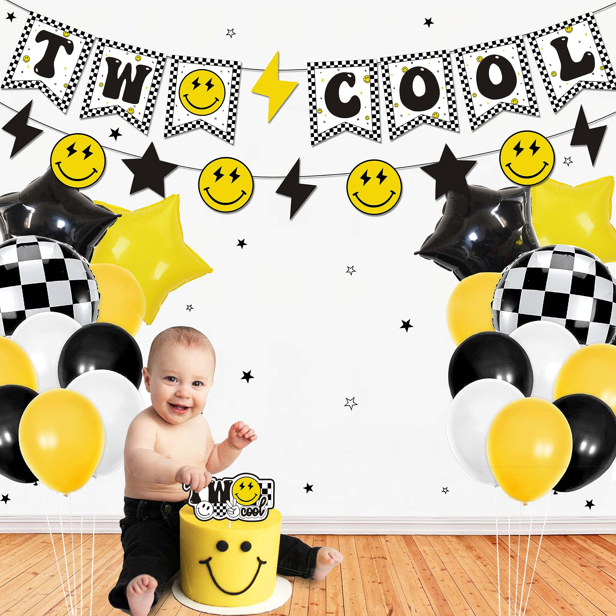 Lsaepon Two Cool Dude Birthday Decorations – 2nd Birthday Banner & Cake Topper, Yellow/Black Checkered Balloons