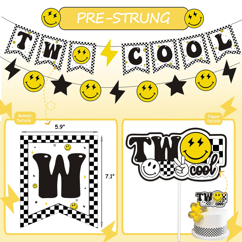 Lsaepon Two Cool Dude Birthday Decorations – 2nd Birthday Banner & Cake Topper, Yellow/Black Checkered Balloons