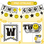 Lsaepon Two Cool Dude Birthday Decorations – 2nd Birthday Banner & Cake Topper, Yellow/Black Checkered Balloons