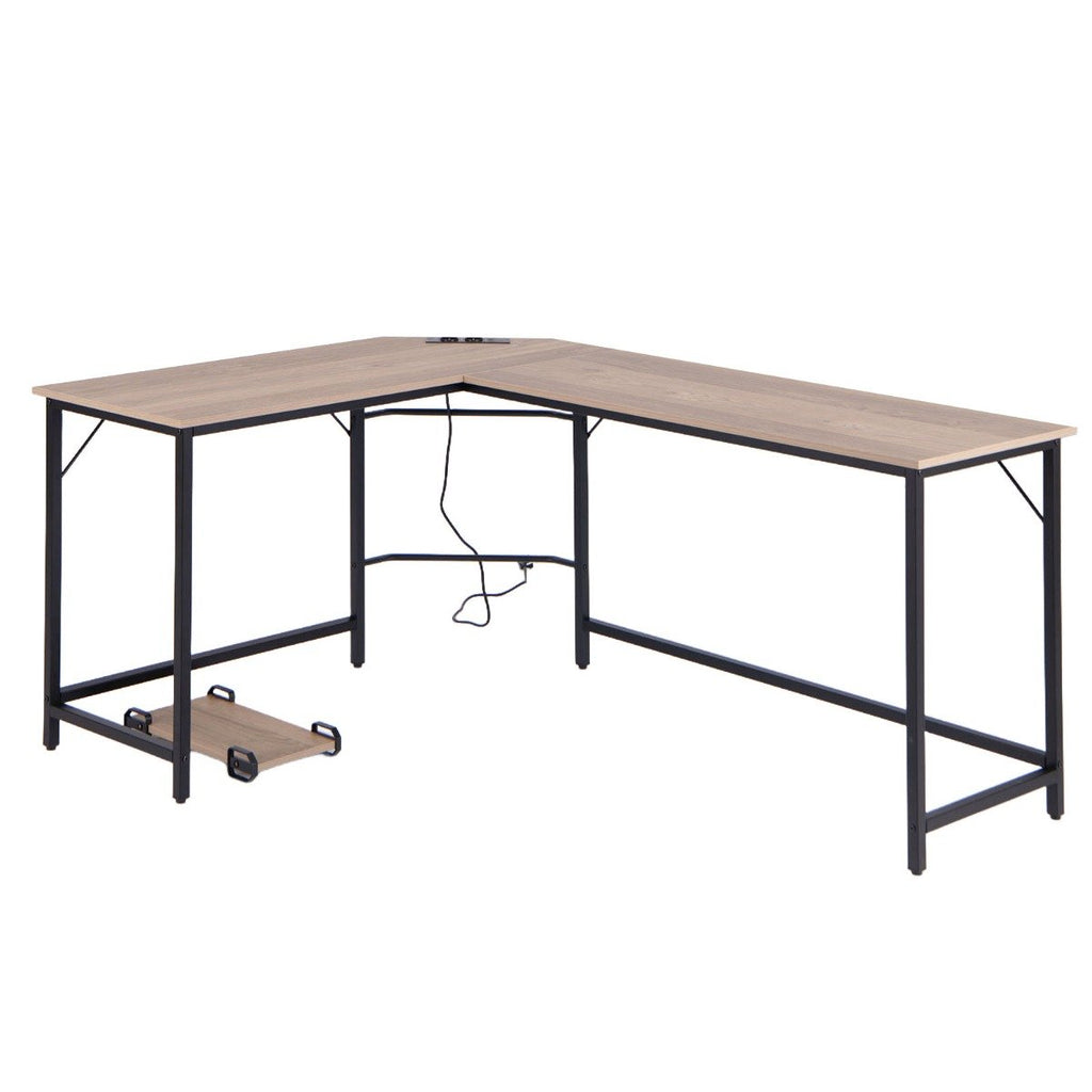 L-Shaped Desk with Power Outlet CPU Stand and Heavy-duty Metal Frame-Black