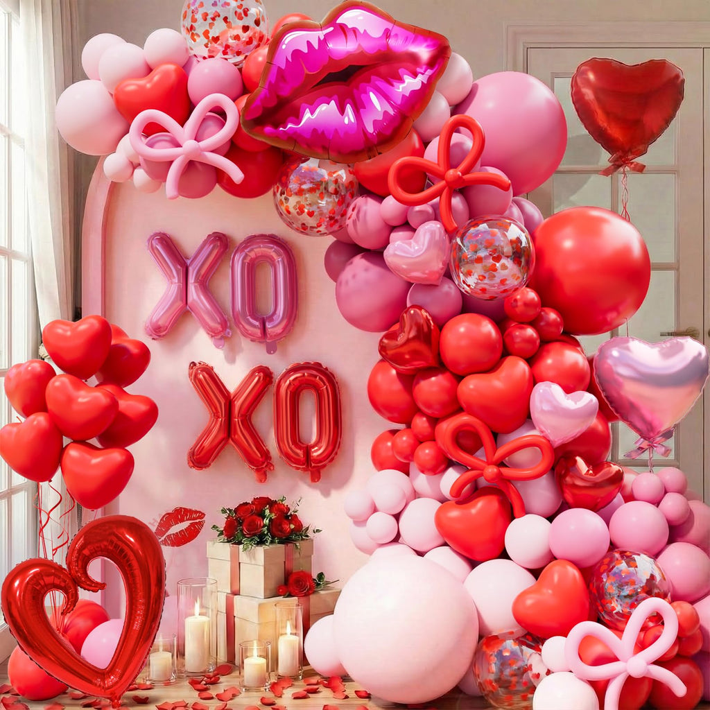 LSYBBDECOO Valentines Balloon Arch Kit — 570pcs Red & Pink Balloons, Rose Petals, Lip/XOXO Foil Balloons