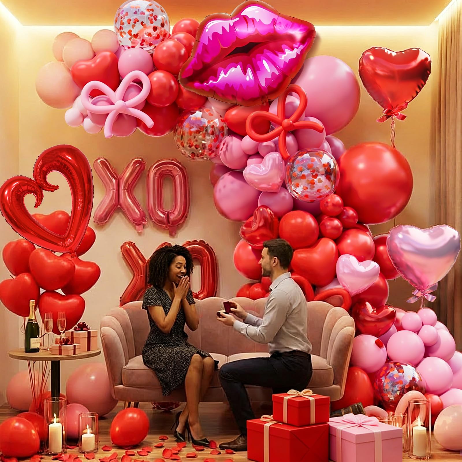 LSYBBDECOO Valentines Balloon Arch Kit — 570pcs Red & Pink Balloons, Rose Petals, Lip/XOXO Foil Balloons