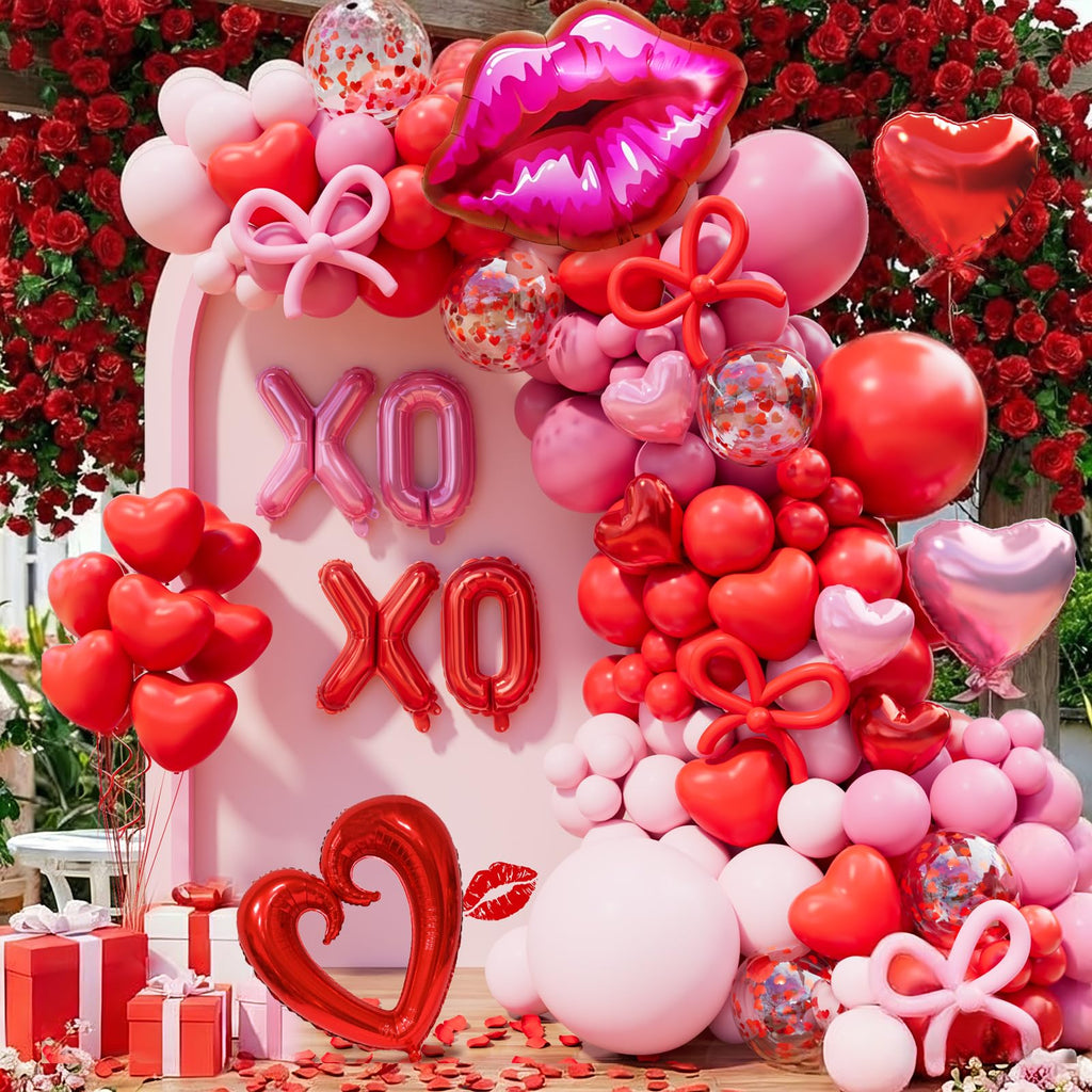 LSYBBDECOO Valentines Balloon Arch Kit — 570pcs Red & Pink Balloons, Rose Petals, Lip/XOXO Foil Balloons