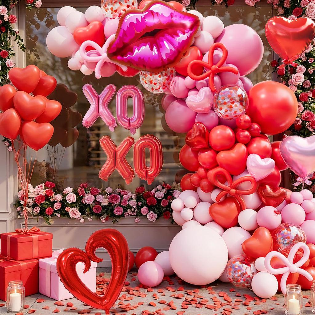 LSYBBDECOO Valentines Balloon Arch Kit — 570pcs Red & Pink Balloons, Rose Petals, Lip/XOXO Foil Balloons