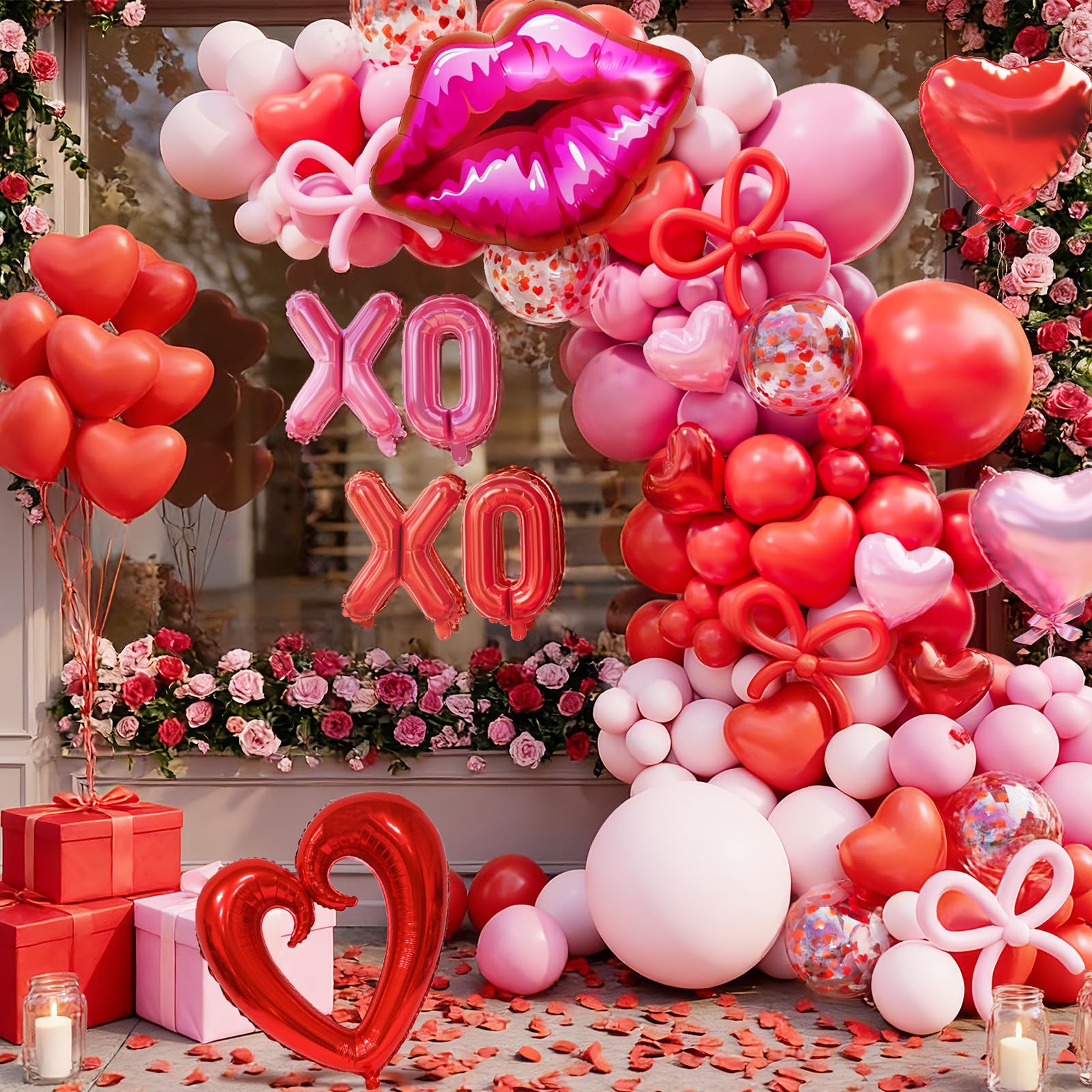 LSYBBDECOO Valentines Balloon Arch Kit — 570pcs Red & Pink Balloons, Rose Petals, Lip/XOXO Foil Balloons