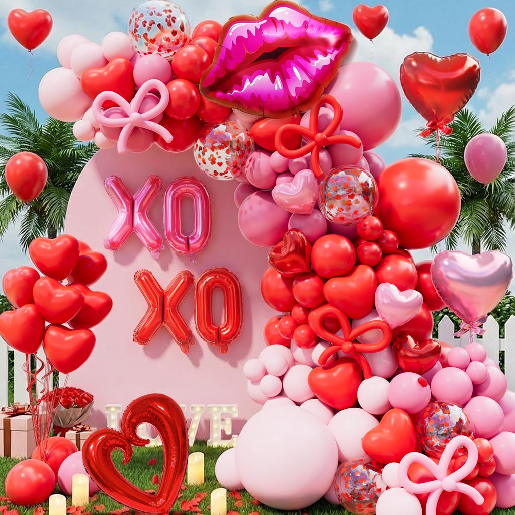 LSYBBDECOO Valentines Balloon Arch Kit — 570pcs Red & Pink Balloons, Rose Petals, Lip/XOXO Foil Balloons