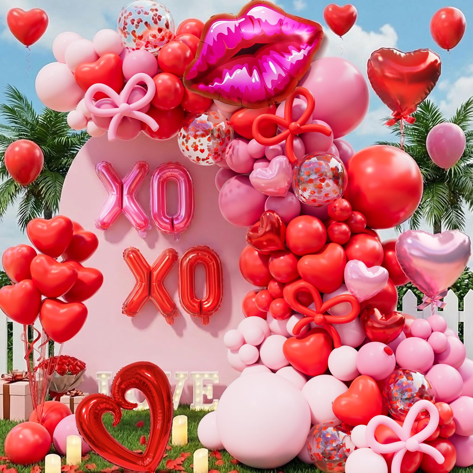 LSYBBDECOO Valentines Balloon Arch Kit — 570pcs Red & Pink Balloons, Rose Petals, Lip/XOXO Foil Balloons