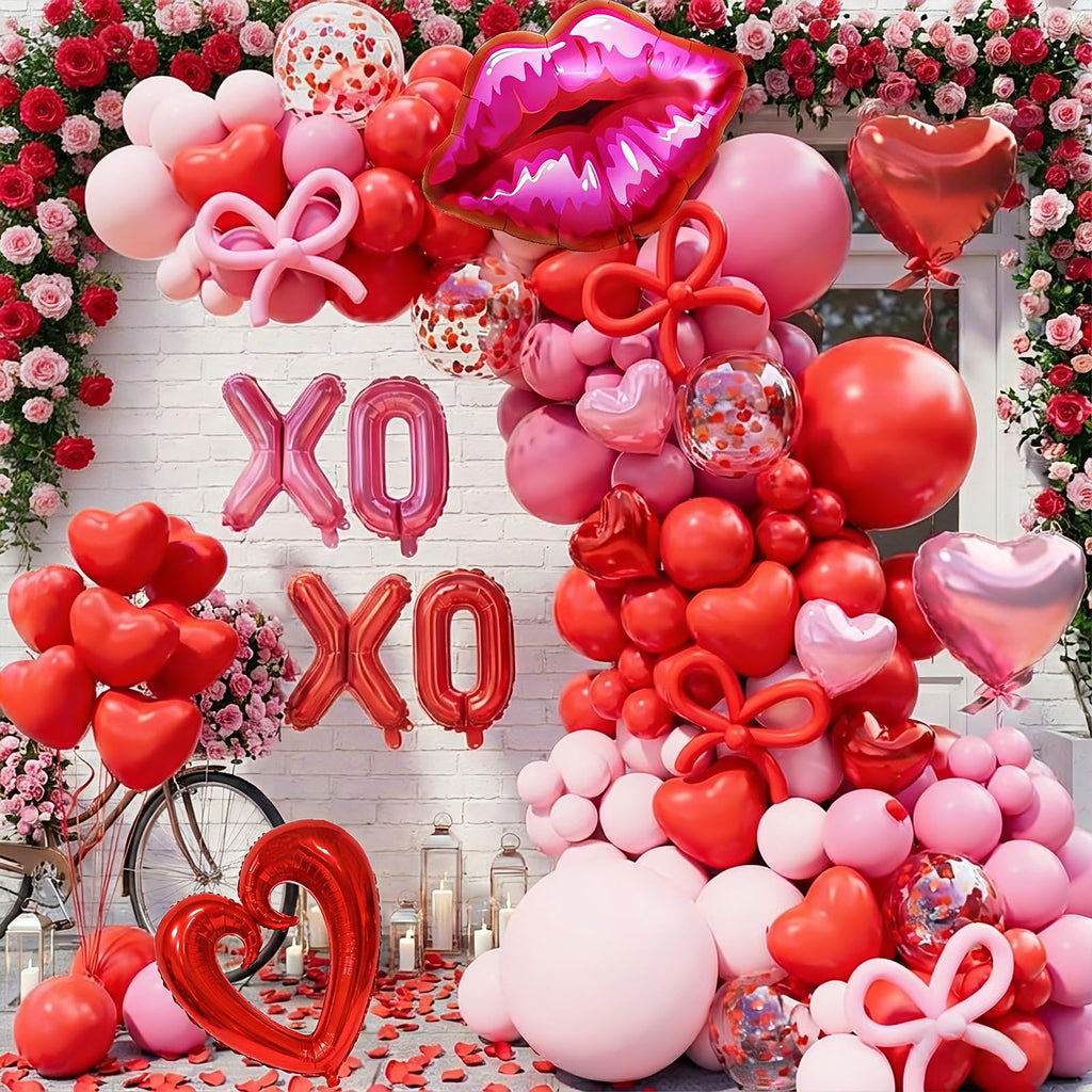 LSYBBDECOO Valentines Balloon Arch Kit — 570pcs Red & Pink Balloons, Rose Petals, Lip/XOXO Foil Balloons