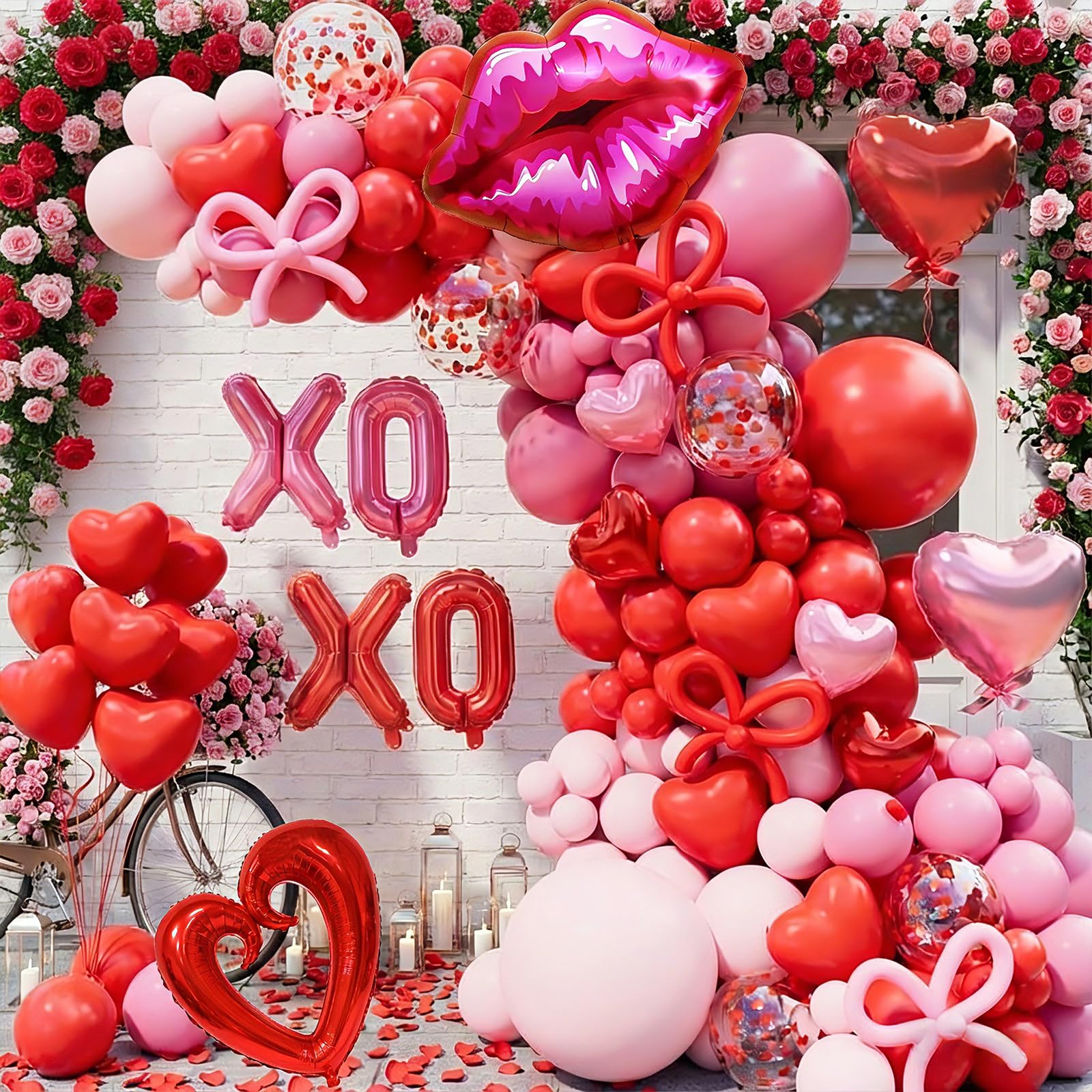 LSYBBDECOO Valentines Balloon Arch Kit — 570pcs Red & Pink Balloons, Rose Petals, Lip/XOXO Foil Balloons