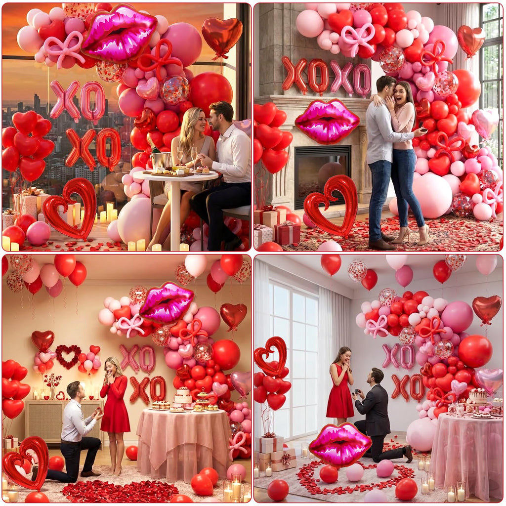 LSYBBDECOO Valentines Balloon Arch Kit — 570pcs Red & Pink Balloons, Rose Petals, Lip/XOXO Foil Balloons