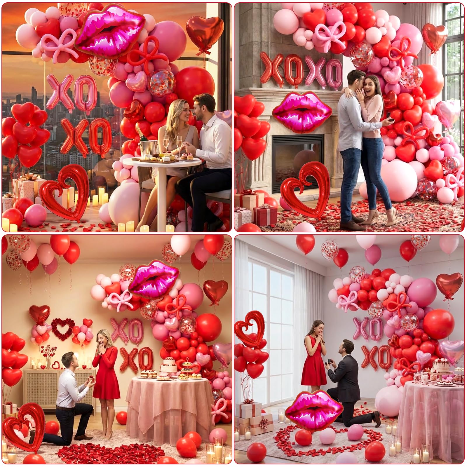 LSYBBDECOO Valentines Balloon Arch Kit — 570pcs Red & Pink Balloons, Rose Petals, Lip/XOXO Foil Balloons