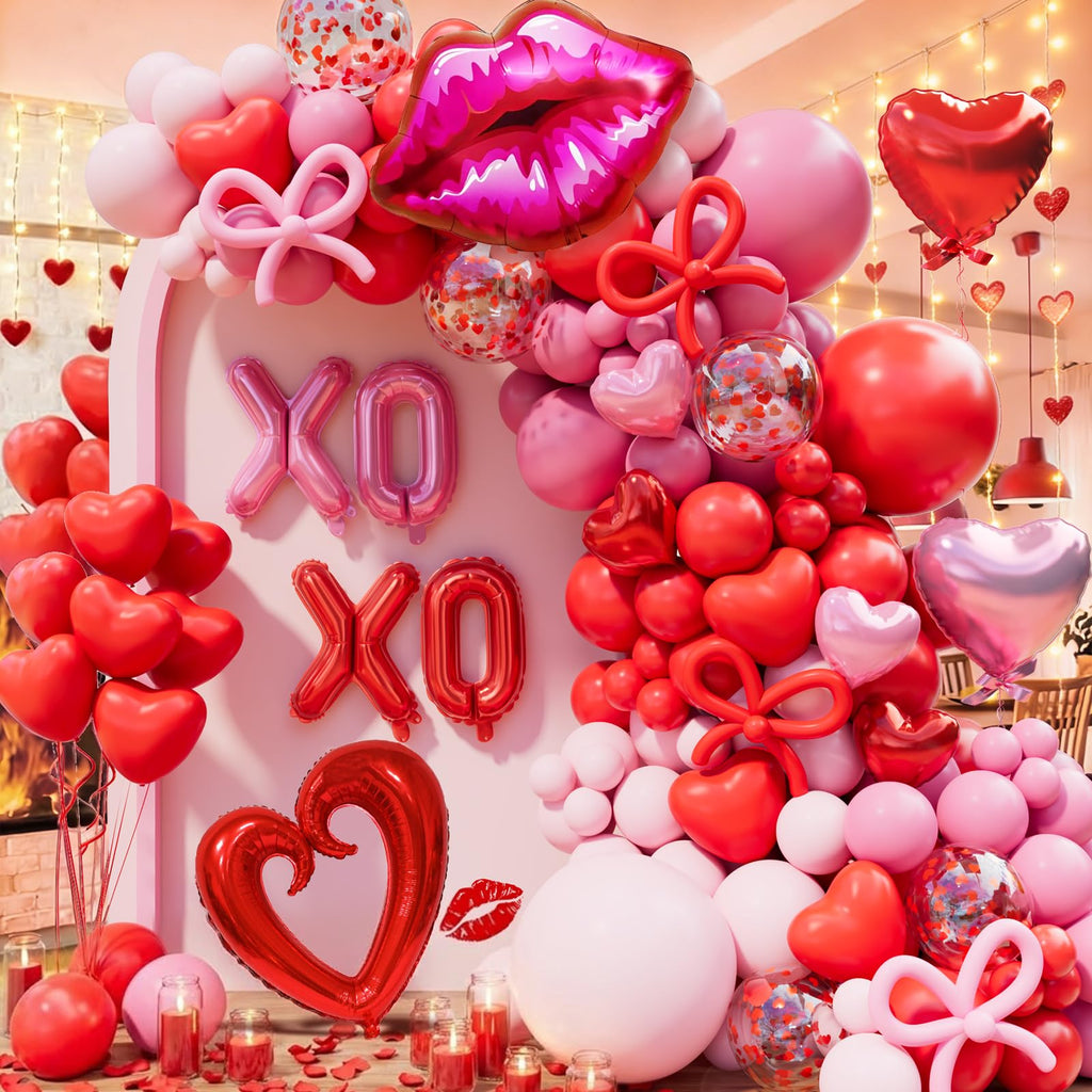 LSYBBDECOO Valentines Balloon Arch Kit — 570pcs Red & Pink Balloons, Rose Petals, Lip/XOXO Foil Balloons