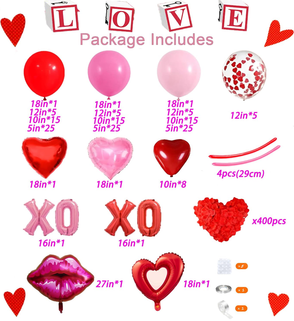 LSYBBDECOO Valentines Balloon Arch Kit — 570pcs Red & Pink Balloons, Rose Petals, Lip/XOXO Foil Balloons