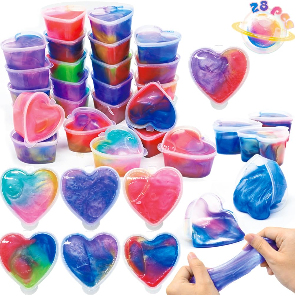 LUKBERA 28Pcs Galaxy Slime Set – Cute Animals Cards, Stress Relief Fidget Toys for Kids, Valentines Day & Party Favors