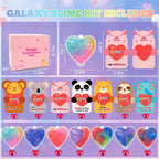 LUKBERA 28Pcs Galaxy Slime Set – Cute Animals Cards, Stress Relief Fidget Toys for Kids, Valentines Day & Party Favors