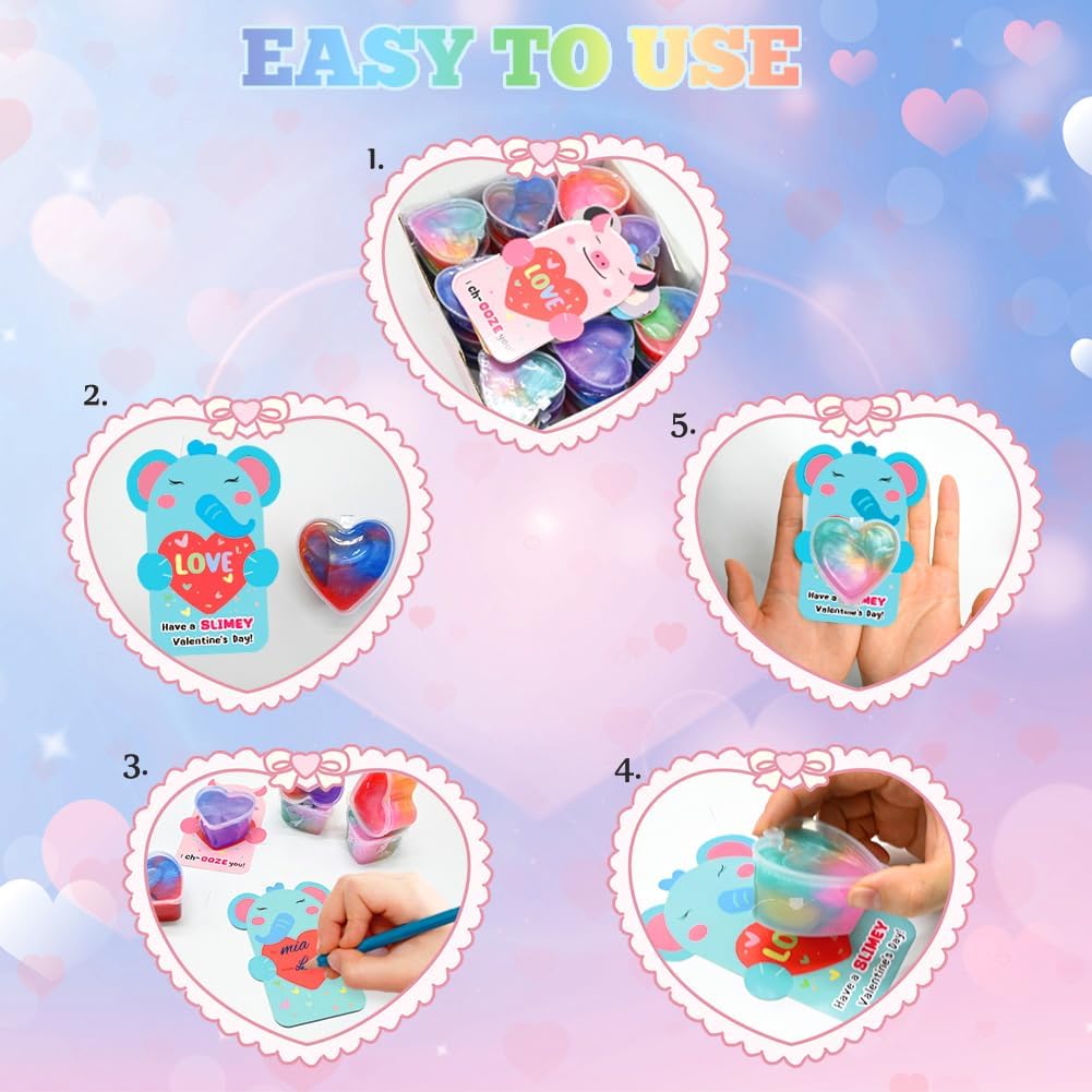 LUKBERA 28Pcs Galaxy Slime Set – Cute Animals Cards, Stress Relief Fidget Toys for Kids, Valentines Day & Party Favors