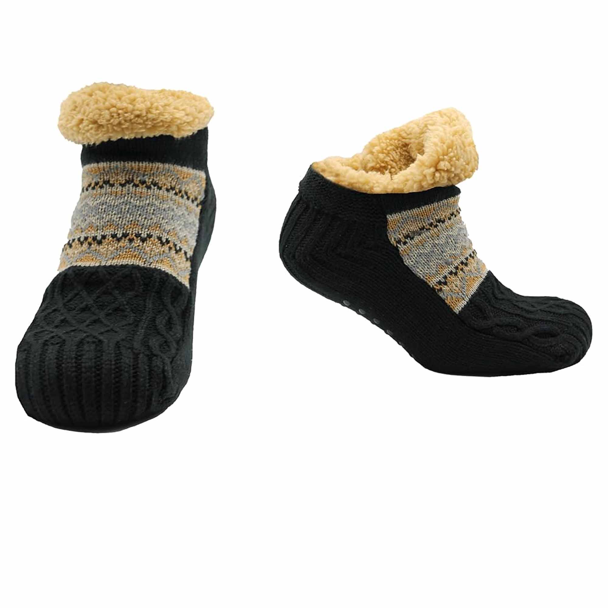 Sock Stack Slipper Socks Sherpa Lined Warm Nordic Fair Isle Non Slip Indoor Winter House Shoes Black Navy Grey UK 4 To 7 8 To 12