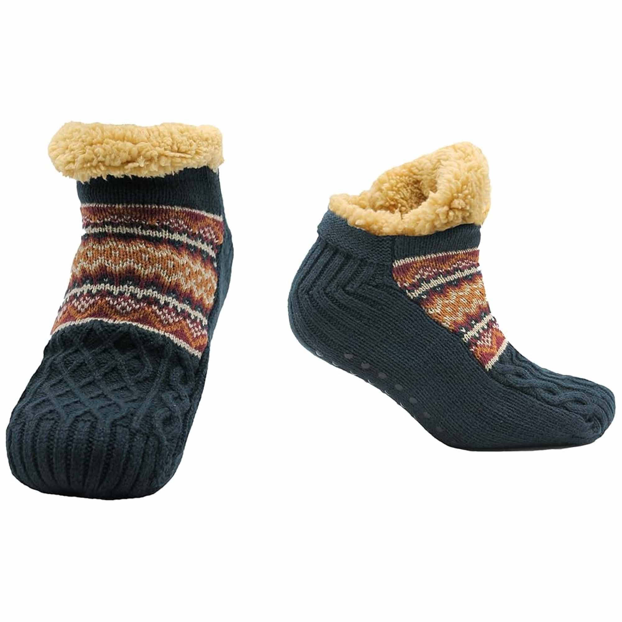 Sock Stack Slipper Socks Sherpa Lined Warm Nordic Fair Isle Non Slip Indoor Winter House Shoes Black Navy Grey UK 4 To 7 8 To 12