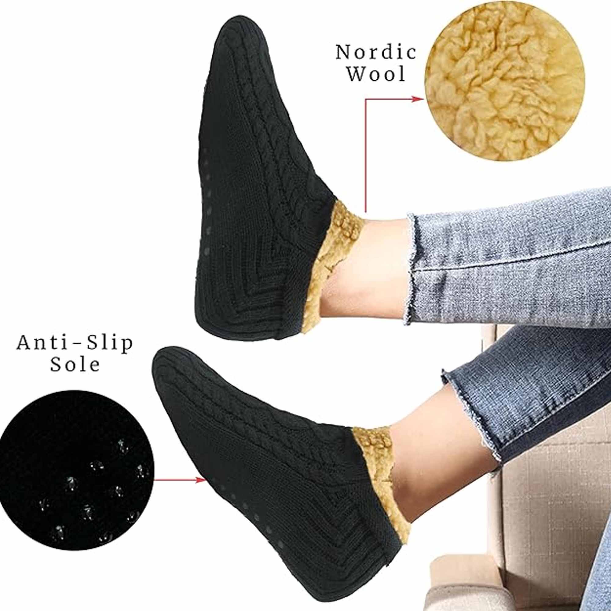 Sock Stack Slipper Socks Sherpa Lined Warm Nordic Fair Isle Non Slip Indoor Winter House Shoes Black Navy Grey UK 4 To 7 8 To 12