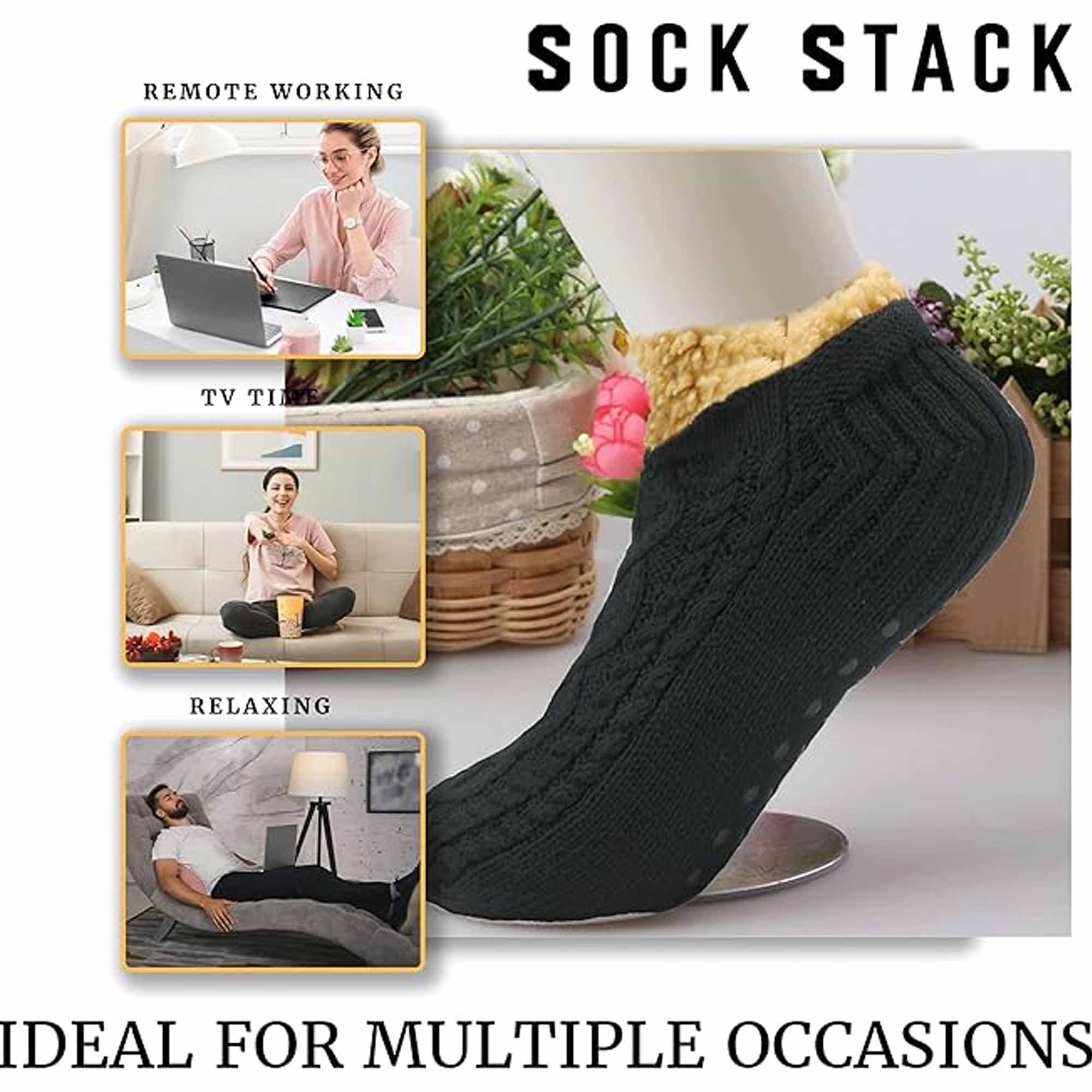 Sock Stack Slipper Socks Sherpa Lined Warm Nordic Fair Isle Non Slip Indoor Winter House Shoes Black Navy Grey UK 4 To 7 8 To 12