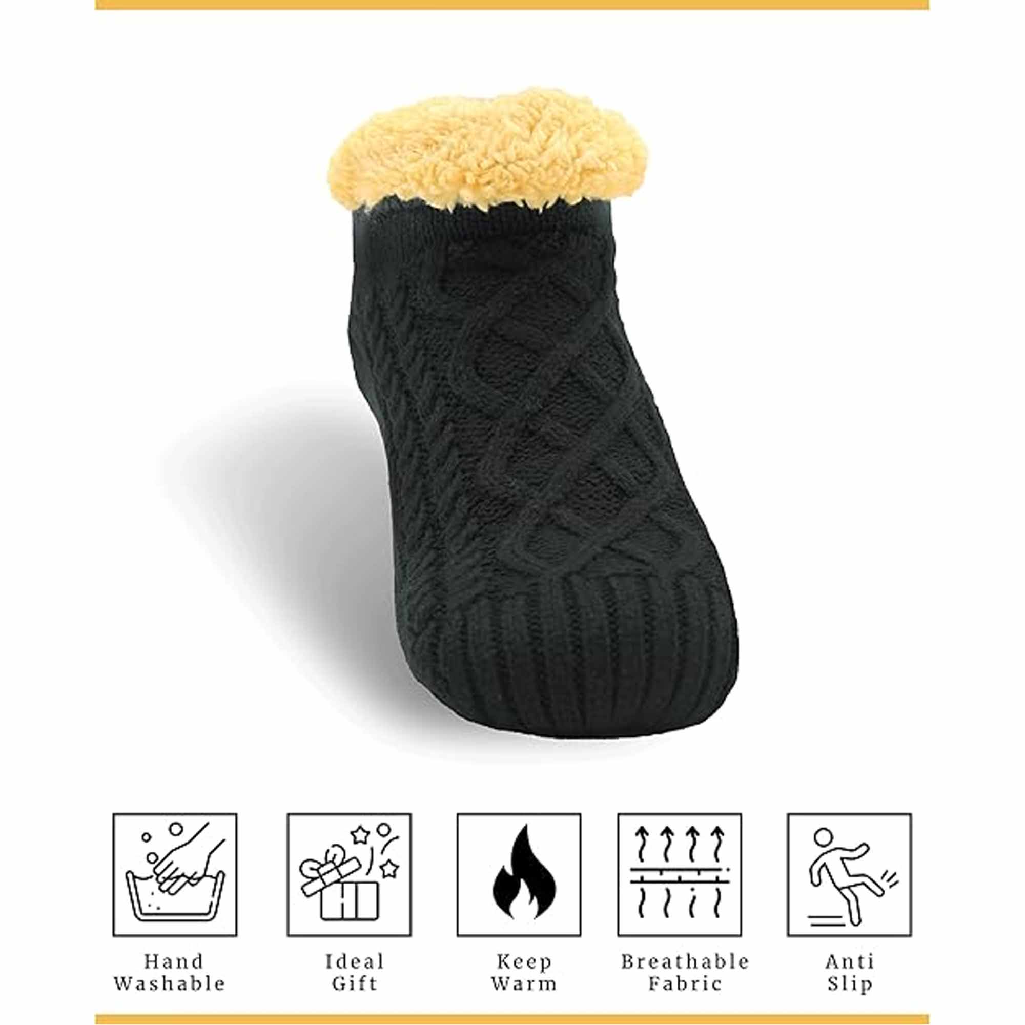 Sock Stack Slipper Socks Sherpa Lined Warm Nordic Fair Isle Non Slip Indoor Winter House Shoes Black Navy Grey UK 4 To 7 8 To 12