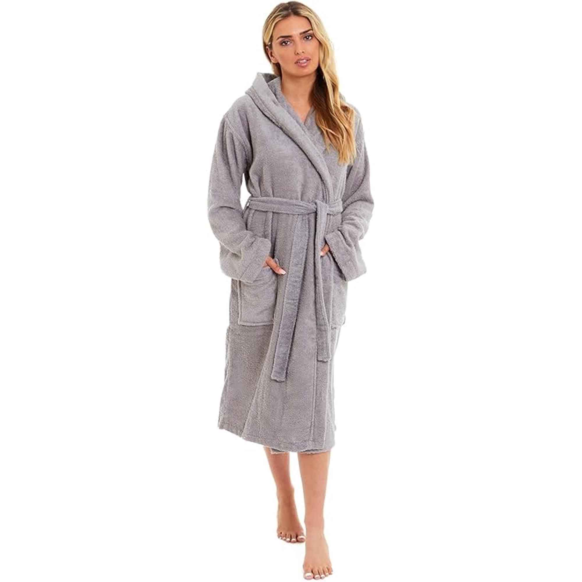 Daisy Dreamer Women Bamboo Hooded Dressing Gown Towelling Robe Ultra Absorbent Grey Cotton Rich Easy-Care Bath Robe