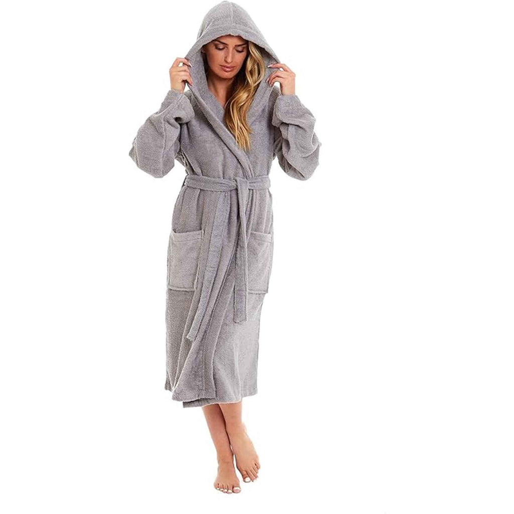 Daisy Dreamer Women Bamboo Hooded Dressing Gown Towelling Robe Ultra Absorbent Grey Cotton Rich Easy-Care Bath Robe