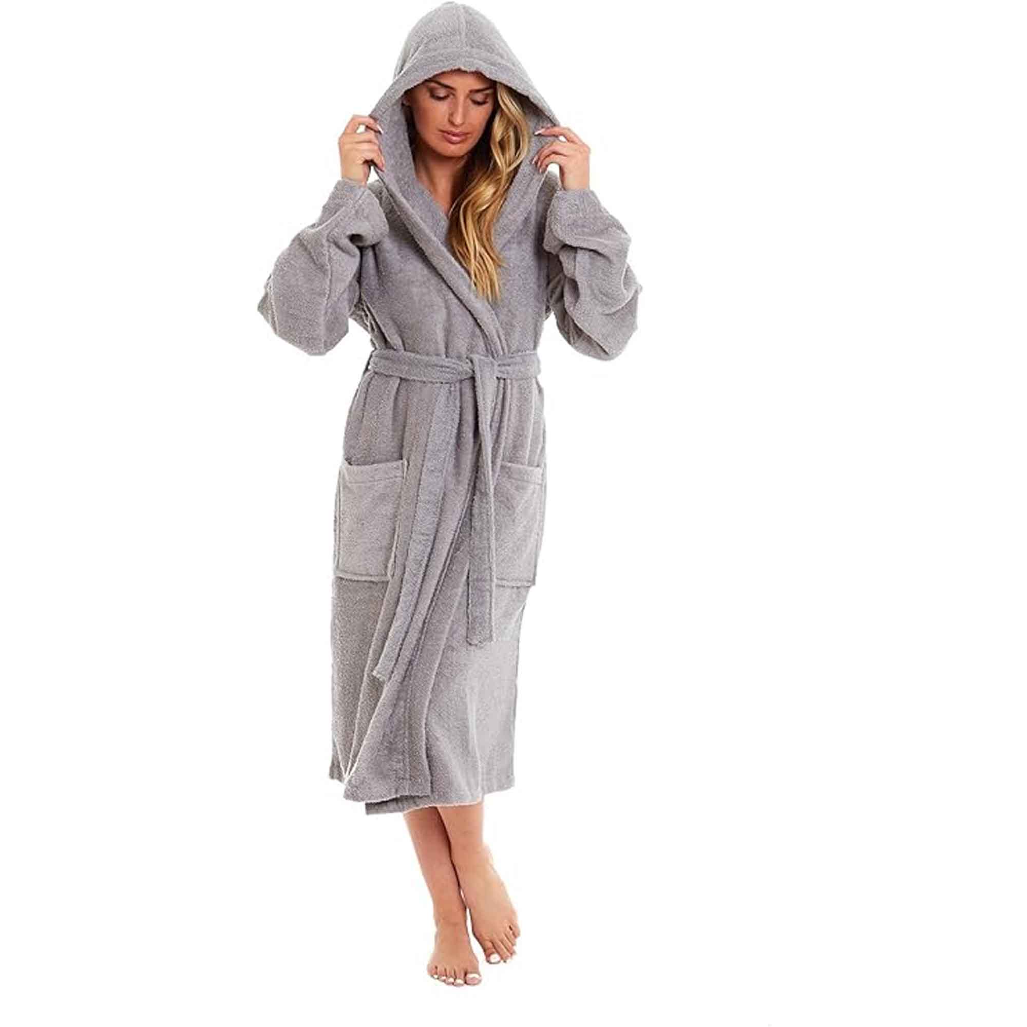 Daisy Dreamer Women Bamboo Hooded Dressing Gown Towelling Robe Ultra Absorbent Grey Cotton Rich Easy-Care Bath Robe