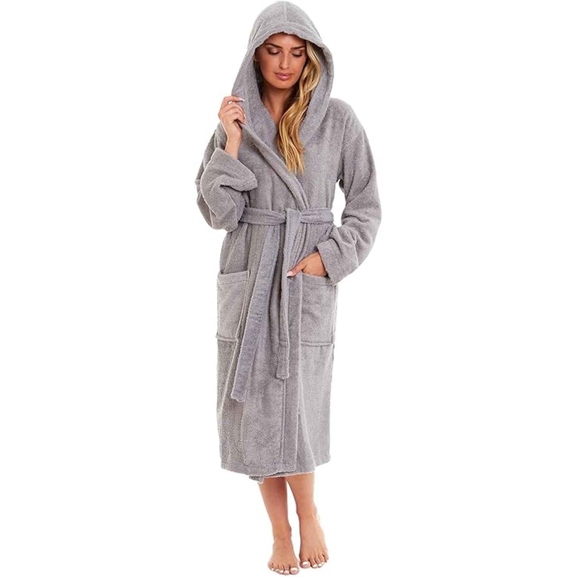 Daisy Dreamer Women Bamboo Hooded Dressing Gown Towelling Robe Ultra Absorbent Grey Cotton Rich Easy-Care Bath Robe
