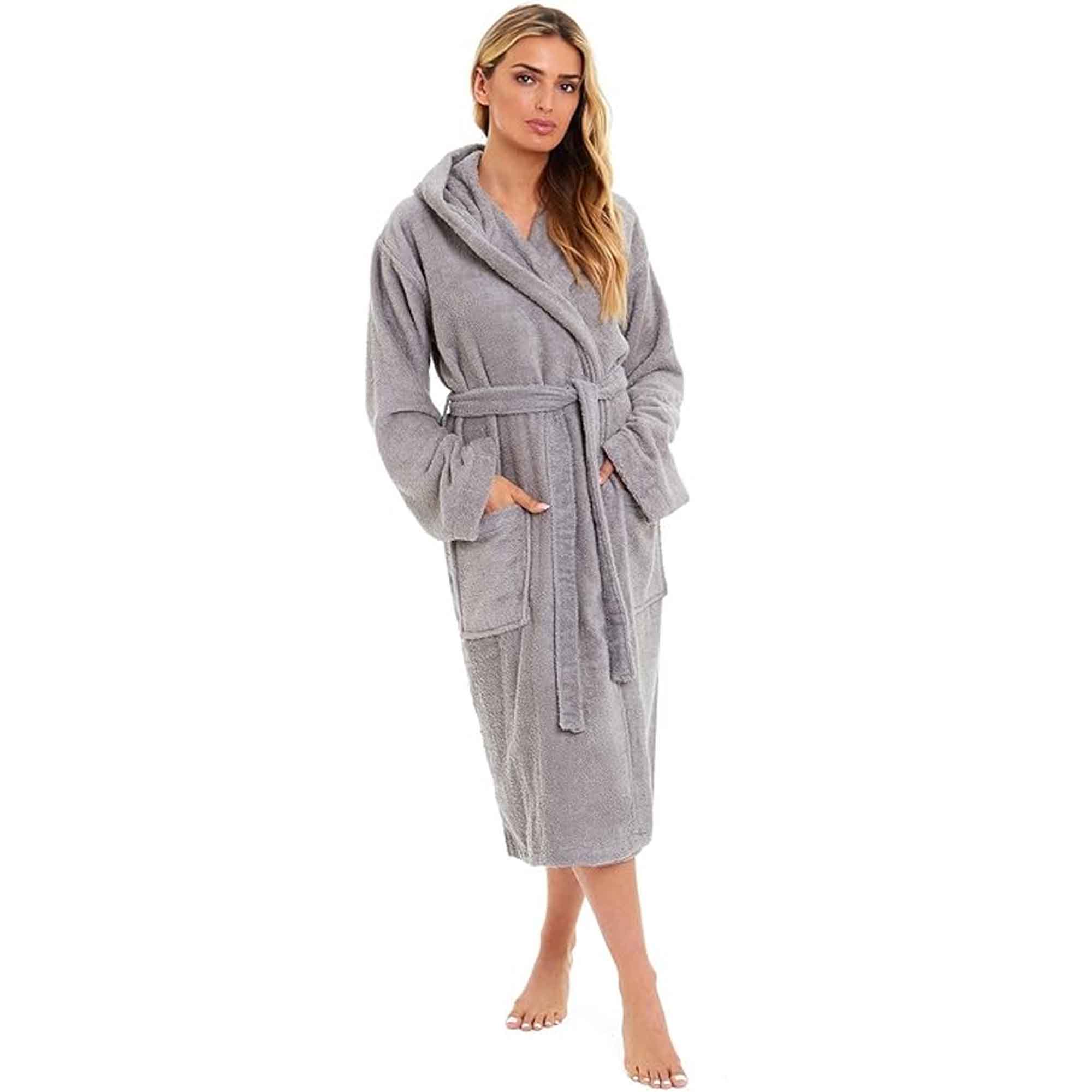 Daisy Dreamer Women Bamboo Hooded Dressing Gown Towelling Robe Ultra Absorbent Grey Cotton Rich Easy-Care Bath Robe