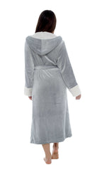 Daisy Dreamer Womens Shimmer Grey Fleece Dressing Gown With Sherpa Fur Hood Plush Flannel