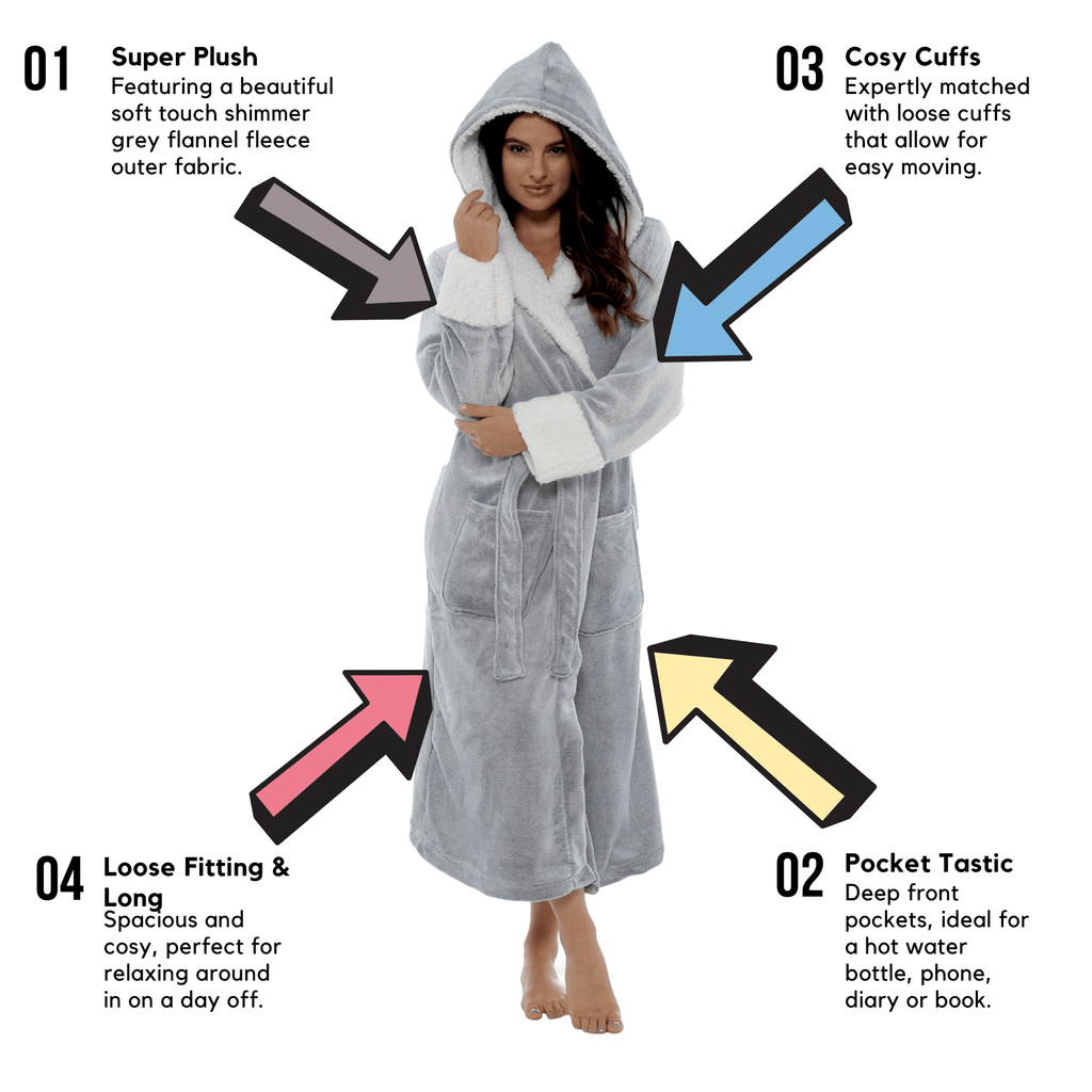 Daisy Dreamer Womens Shimmer Grey Fleece Dressing Gown With Sherpa Fur Hood Plush Flannel