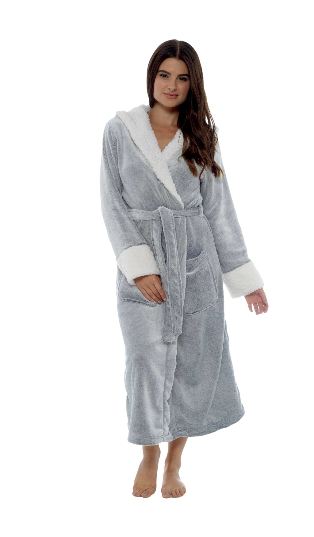 Daisy Dreamer Womens Shimmer Grey Fleece Dressing Gown With Sherpa Fur Hood Plush Flannel
